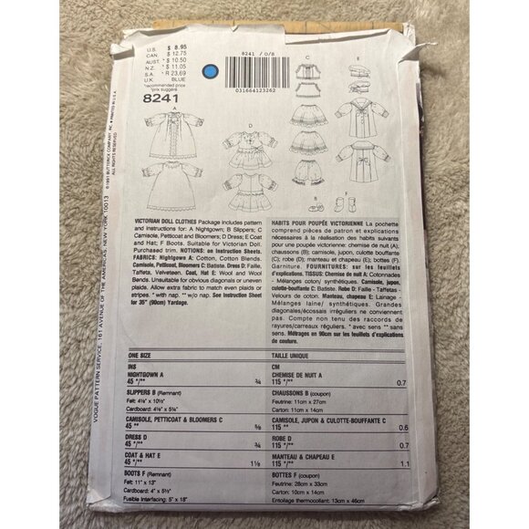 Vogue Craft Doll Sewing Pattern Victorian Clothes Pattern 8241 By Linda Carr Unc - Picture 5 of 5